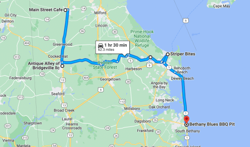 Map showing a route from Main Street Cafe to Bethany Blues BBQ Pit, highlighting key locations and distance.