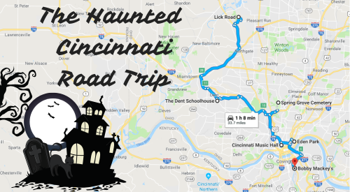 Map of a haunted road trip in Cincinnati, featuring key locations and a spooky house silhouette.