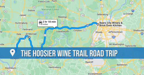 Map showing the Hoosier Wine Trail route, highlighting a 2-hour, 18-minute drive covering 118 miles.