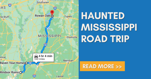 Map showing a route for a haunted road trip in Mississippi, highlighting key locations and travel time.