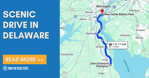 Map highlighting a scenic drive in Delaware from Bear to New Castle Battery Park, featuring landmarks and route details.