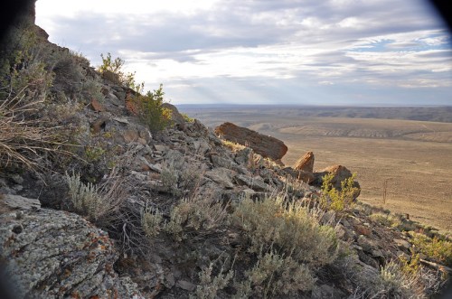 A rocky landscape with sparse vegetation under a cloudy sky, showcasing distant hills and rays of sunlight.