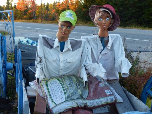 Two scarecrow-like figures in shirts and hats sit on a cart filled with bags, set against a backdrop of trees and a road.