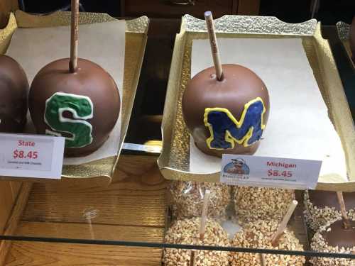 Two chocolate-covered caramel apples with letters "S" and "M" on them, labeled "State" and "Michigan," priced at $8.45 each.