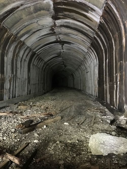 A dark, empty tunnel with arched concrete walls and a gravel floor, leading into an unknown distance.