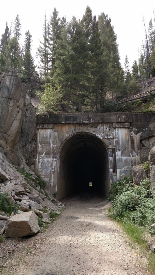 A weathered tunnel entrance surrounded by rocky terrain and tall green trees, leading into a dark passageway.
