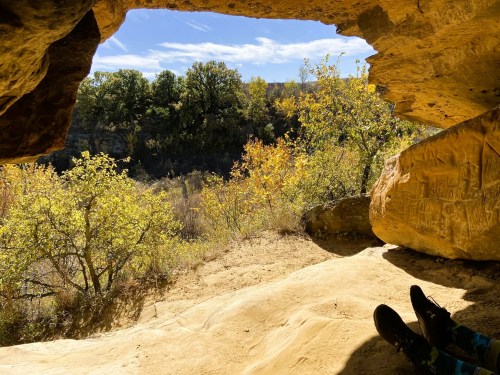 A view from inside a cave, showing trees and autumn foliage outside under a clear blue sky.
