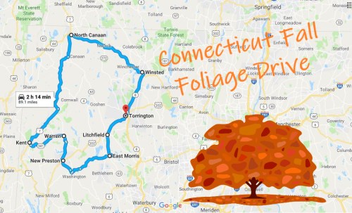Map of a scenic fall foliage drive in Connecticut, highlighting a route through towns like Torrington and Warren.
