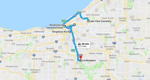 Map showing a route from Lookkeepers to Lake View Cemetery, with a total distance of 22.2 miles and estimated time of 58 minutes.