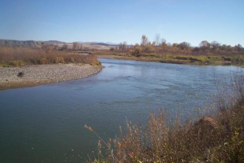 A serene river winding through a landscape with trees and shrubs under a clear blue sky.