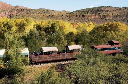 A vintage train travels through a lush, green landscape with trees and mountains in the background.