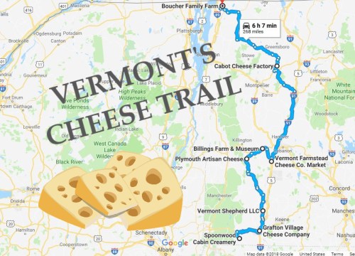Map of Vermont's Cheese Trail, highlighting various cheese farms and factories along a scenic route. Cheese graphic included.