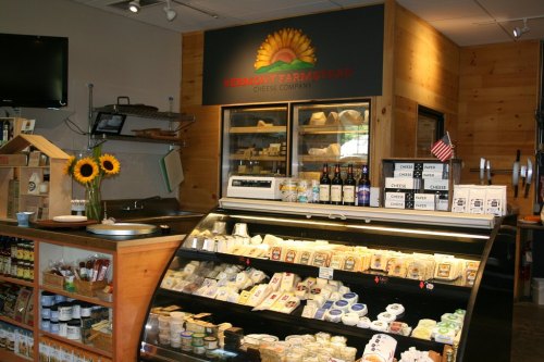 A cozy cheese shop interior featuring a display case filled with various cheeses and a sunflower decor.