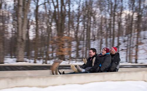 Three people joyfully sledding down a snowy hill, surrounded by trees, with a sense of speed and excitement.