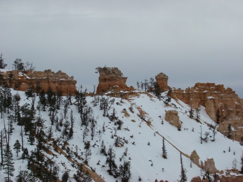 Snow-covered rocky landscape with trees, featuring unique rock formations under a cloudy sky.