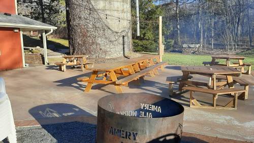 Outdoor seating area with wooden picnic tables, a fire pit, and a grassy lawn surrounded by trees.