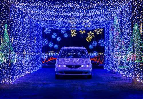 A white minivan surrounded by vibrant blue and white holiday lights, creating a festive tunnel effect.