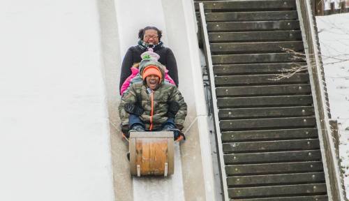 A group of three people joyfully sliding down a snowy slope on a sled, surrounded by winter scenery.