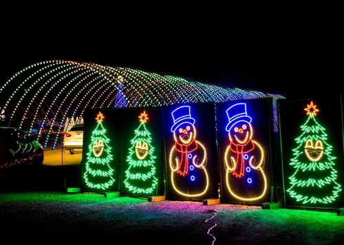 Colorful holiday lights display featuring snowmen and Christmas trees against a dark night sky.