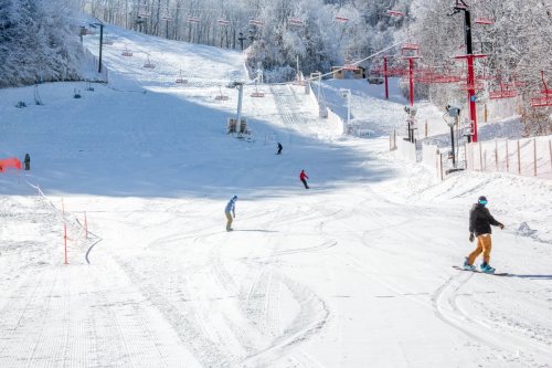 A snowy ski slope with snowboarders gliding down, surrounded by trees and ski lifts in the background.