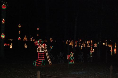 Colorful holiday lights illuminate a dark park, featuring festive shapes like candy canes and gift boxes.