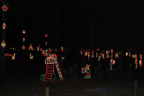 Colorful holiday lights illuminate a dark park, featuring festive shapes like candy canes and gift boxes.