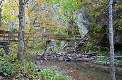 A wooden bridge spans a creek surrounded by autumn foliage and rocky cliffs in a serene forest setting.