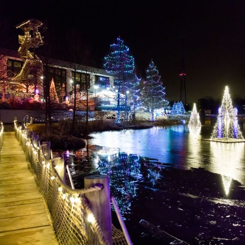 A serene winter scene featuring a pond with illuminated trees and festive lights reflecting on the water at night.