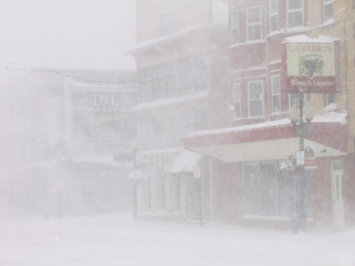 A snowy street scene with buildings partially obscured by heavy snowfall and strong winds.