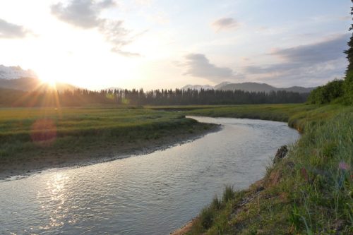A serene river winding through a lush green landscape at sunset, with mountains in the background and soft clouds in the sky.
