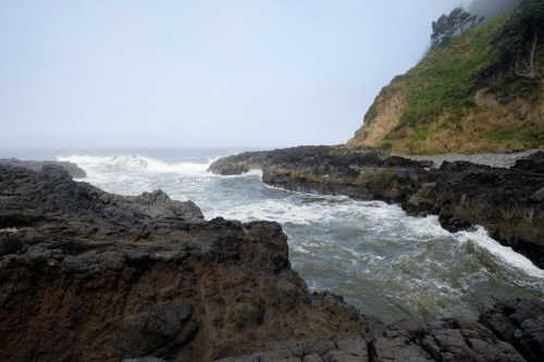 A rocky coastline with waves crashing against the shore, surrounded by misty cliffs and greenery.