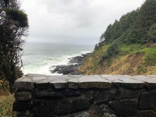 A rocky coastline with crashing waves, framed by lush green trees under a cloudy sky.