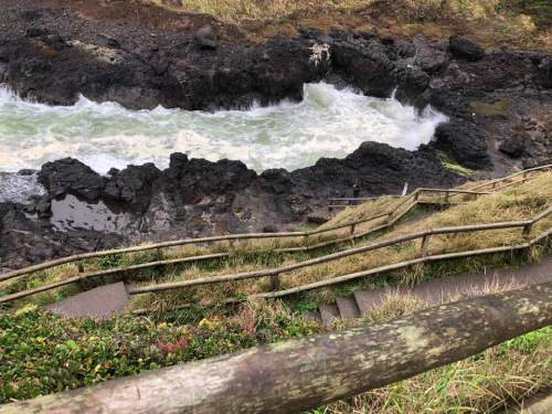A rocky shoreline with crashing waves, surrounded by grass and wooden steps leading down to the water.