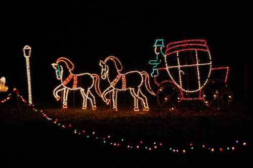 A festive display of illuminated horses pulling a carriage, surrounded by colorful lights against a dark background.