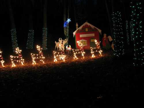 A festive scene with illuminated reindeer and a decorated cabin surrounded by trees adorned with lights.