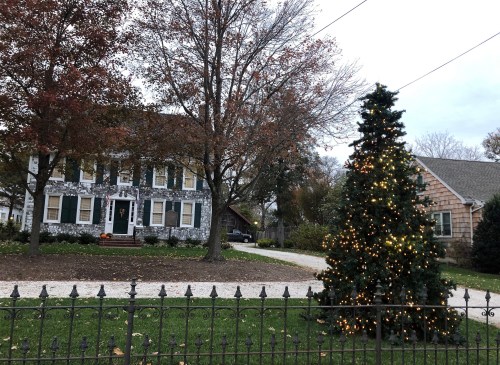 A festive house with a decorated Christmas tree in the front yard, surrounded by autumn trees and a gravel driveway.