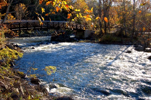 A serene river flows under a wooden bridge, surrounded by autumn foliage and sunlight reflecting on the water.