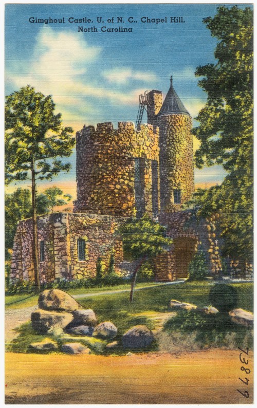 A vintage postcard of Gimghoul Castle in Chapel Hill, North Carolina, featuring stone architecture and surrounding trees.