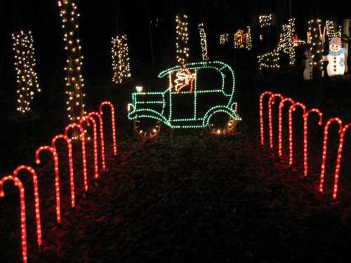 A festive scene with a lit-up car and candy cane decorations, surrounded by twinkling lights in a dark forest.