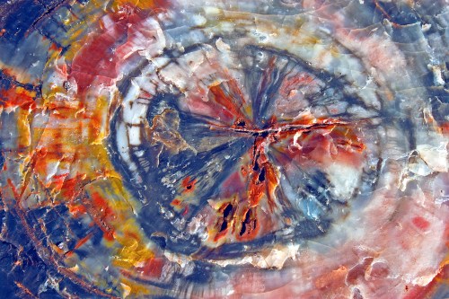Close-up of a colorful, swirling pattern resembling agate or polished stone, featuring reds, blues, and yellows.