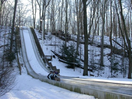 A snowy hill with a toboggan run, surrounded by trees, as people slide down the slope.