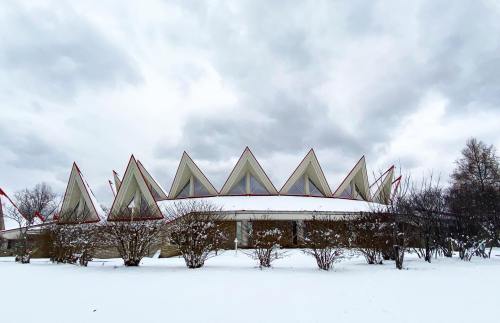 A unique building with a peaked roof design, surrounded by snow and bare shrubs under a cloudy sky.