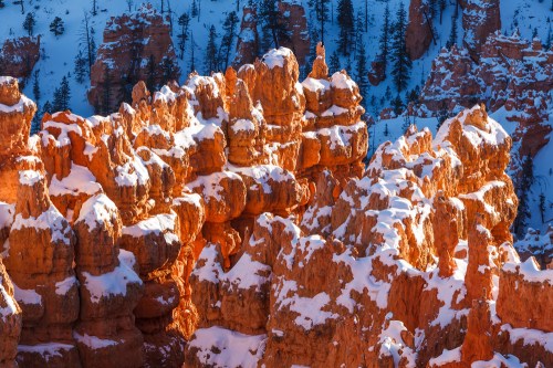 Snow-covered rock formations in vibrant orange hues, surrounded by evergreen trees in a winter landscape.