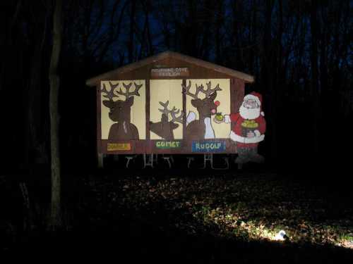 A festive display featuring Santa and three reindeer cutouts in a dark wooded area.