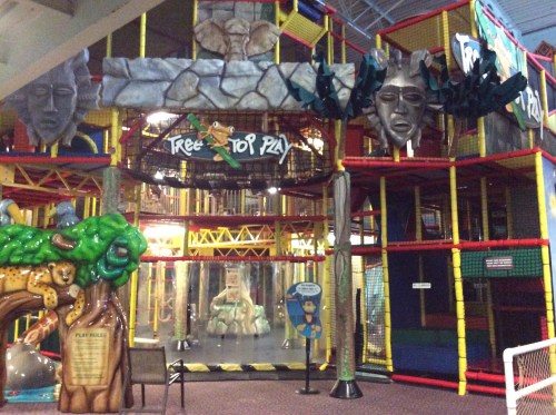 Indoor play area featuring colorful climbing structures, slides, and themed decorations like stone faces and a tree.