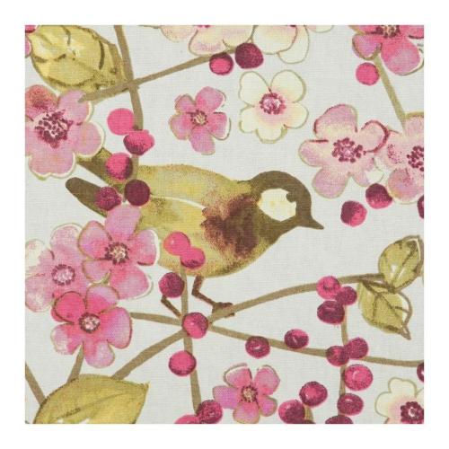 A whimsical pattern featuring a bird among pink flowers and berries on a light background.