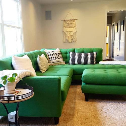A cozy living room featuring a green sectional sofa, decorative pillows, and a small plant on a side table.