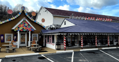 Colorful chocolate factory building with decorative roof and candy-themed accents, set against a cloudy sky.