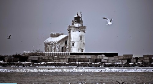 A frozen lighthouse stands on a snowy shore, surrounded by ice and flying seagulls against a gray sky.