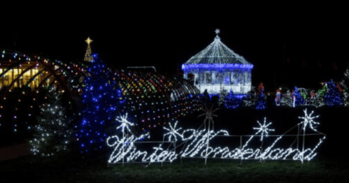 A festive display of colorful lights, featuring a gazebo and trees, with a sign reading "Winter Wonderland."